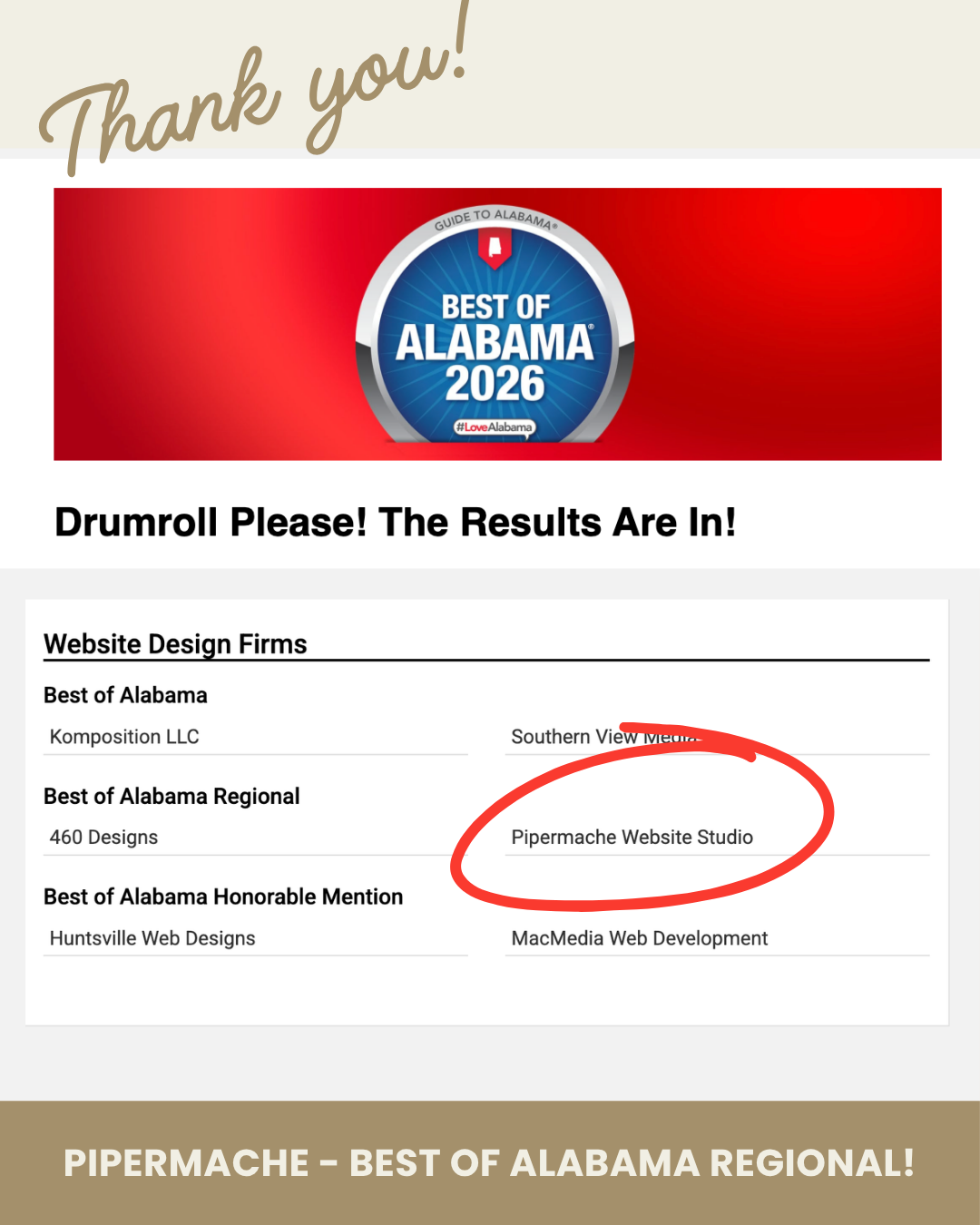 PiperMache Website Studio Best of Alabama Regional Web Design Firm 2026 winner