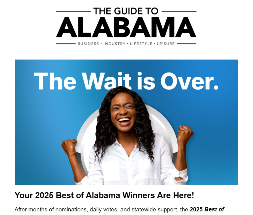 Excited woman celebrating the Best of Alabama 2025 winners announcement from Guide to Alabama.