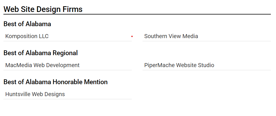 PiperMache Website Studio listed as Best of Alabama Regional Web Design Firm alongside other top winners.
